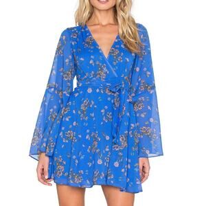 Free People Lilou Floral Wrap Mini Dress Cobalt Blue Long Bell Sleeve Medium